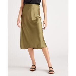 Quince skirt 100% silk slip washable midi olive green medium bias cut elastic